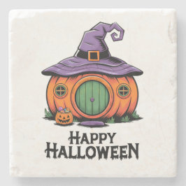 ハロウィンのかぼちゃのコテージと魔女の帽子の屋根 ストーンコースター