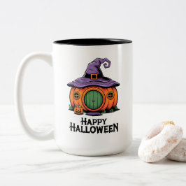 ハロウィンのかぼちゃのコテージと魔女の帽子の屋根 ツートーンマグカップ
