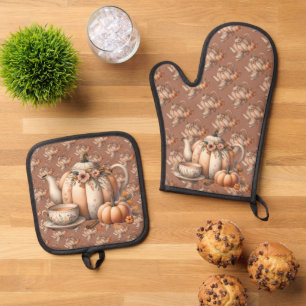 ハロウィンのかぼちゃのポットと秋の花のイラスト 鍋つかみ&鍋敷きセット