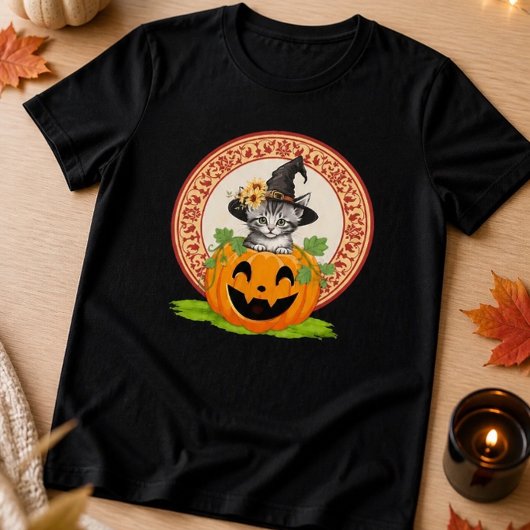 ハロウィンのかぼちゃの中の子猫 トライブレンドTシャツ