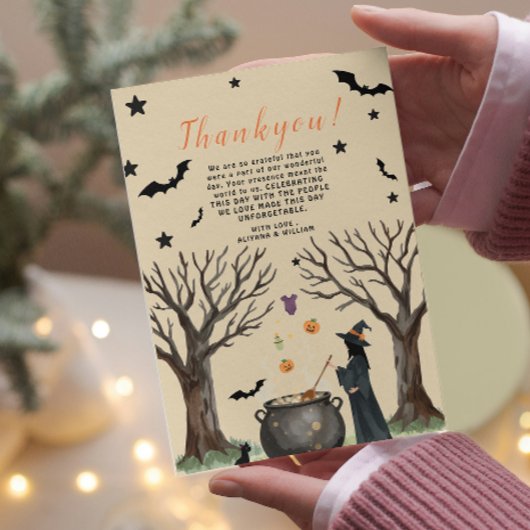 ハロウィンのかぼちゃの壺の怖い黒い魔女 サンキューカード