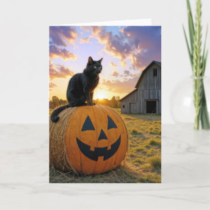 ハロウィンのかぼちゃの干し草の上で黒猫 カード