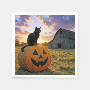 ハロウィンのかぼちゃの干し草の上で黒猫 スタンダードカクテルナプキン