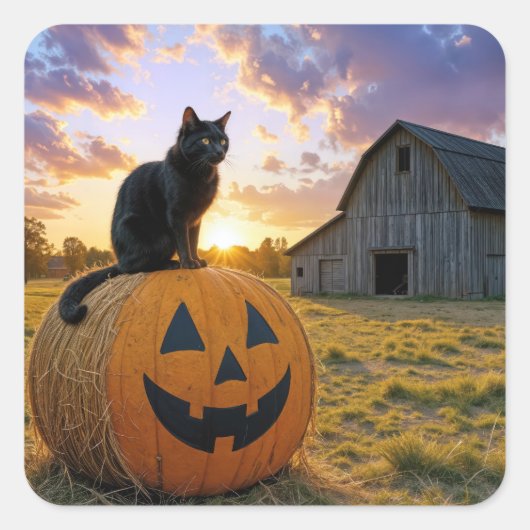 ハロウィンのかぼちゃの干し草の上の黒猫 スクエアシール (正面)