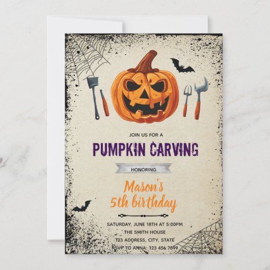 ハロウィンのかぼちゃ彫り招待状 招待状 (正面)