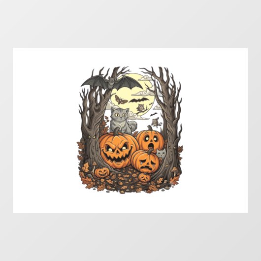 ハロウィンのかぼちゃ グレー猫 コウモリ 満月 森 ウィンドウサイン (シート)