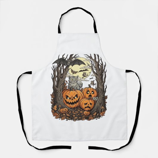 ハロウィンのかぼちゃ グレー猫 コウモリ 満月 森 エプロン (正面)