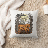 ハロウィンのかぼちゃ グレー猫 コウモリ 満月 森 クッション (ブランケット)