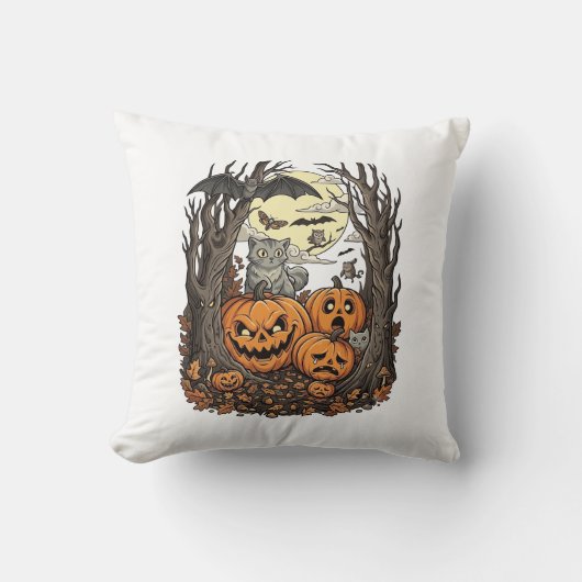 ハロウィンのかぼちゃ グレー猫 コウモリ 満月 森 クッション (正面)