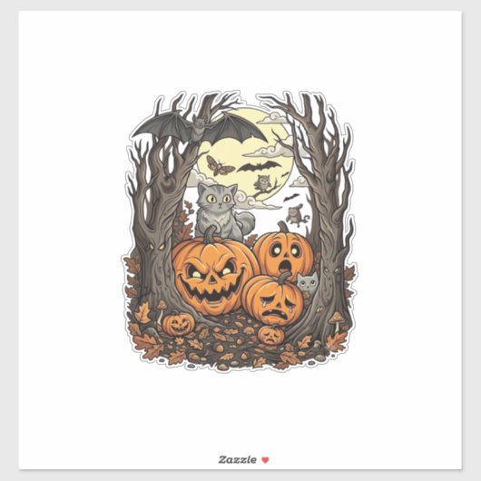 ハロウィンのかぼちゃ グレー猫 コウモリ 満月 森 シール (シート)