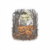 ハロウィンのかぼちゃ グレー猫 コウモリ 満月 森 シール (正面)