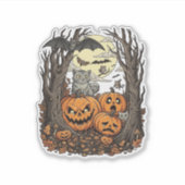 ハロウィンのかぼちゃ グレー猫 コウモリ 満月 森 シール (正面)