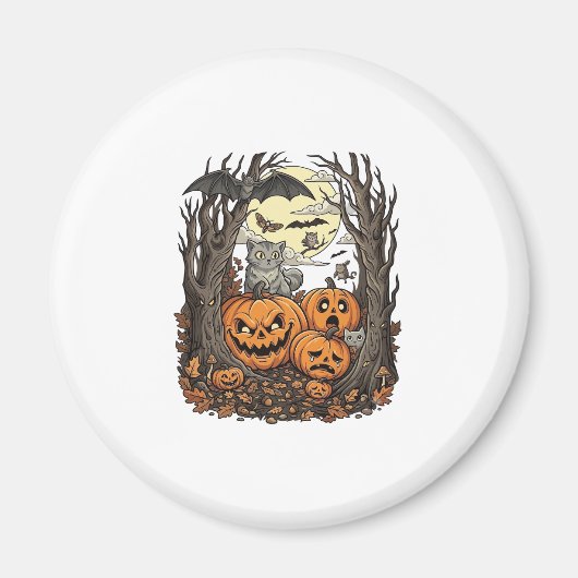 ハロウィンのかぼちゃ グレー猫 コウモリ 満月 森 マグネット (正面)
