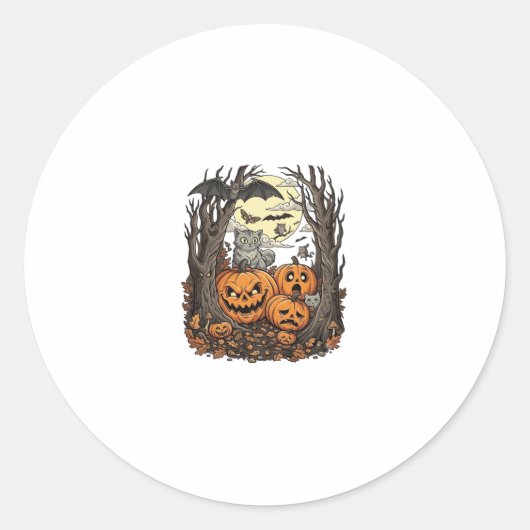 ハロウィンのかぼちゃ グレー猫 コウモリ 満月 森 ラウンドシール (正面)