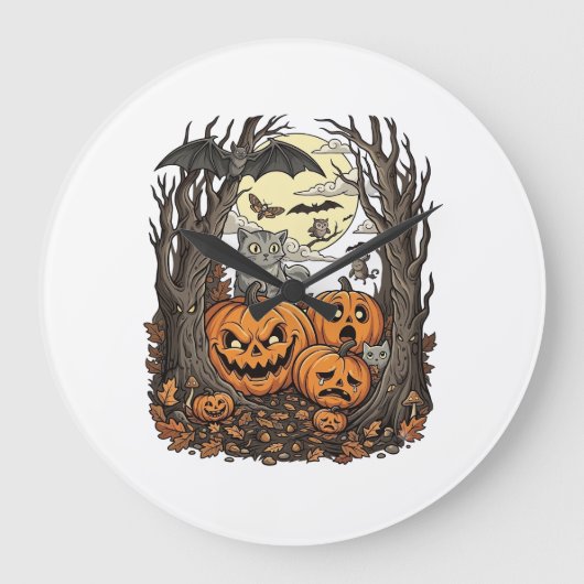 ハロウィンのかぼちゃ グレー猫 コウモリ 満月 森 ラージ壁時計 (正面)