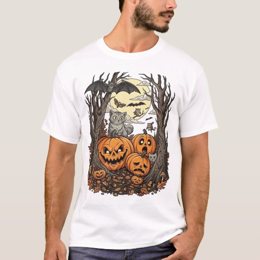 ハロウィンのかぼちゃ グレー猫 コウモリ 満月 森 Tシャツ (正面)