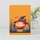 ハロウィンのかぼちゃ、猫 & 魔女の帽子 招待状 (スタンド正面)