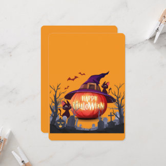 ハロウィンのかぼちゃ、猫 & 魔女の帽子 招待状