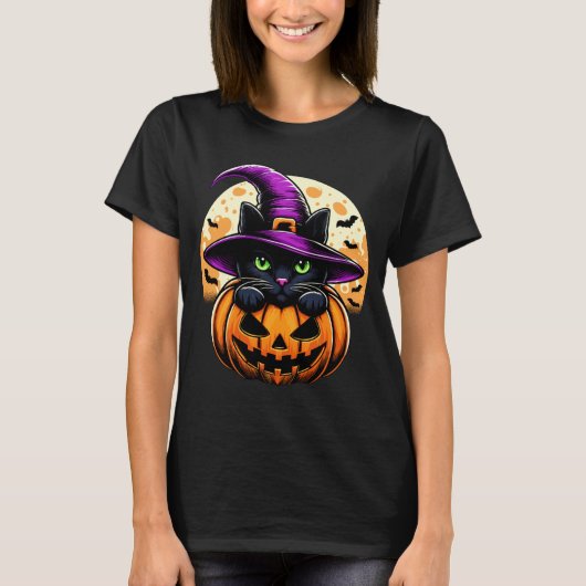 ハロウィンのかぼちゃ 黒猫パフォーマンス Tシャツ (正面)