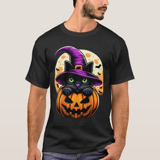 ハロウィンのかぼちゃ 黒猫 パフォーマンス Tシャツ (正面)