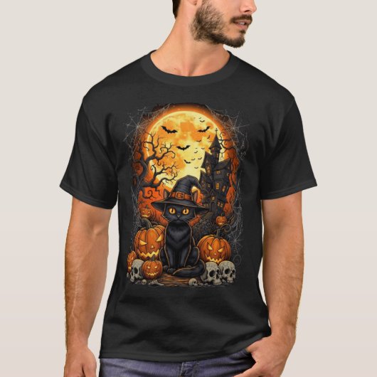 ハロウィンのかぼちゃ 黒 猫 パフォーマンス Tシャツ (正面)