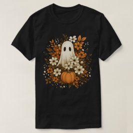 ハロウィンのかわいいお化けとカボチャと秋の花 Tシャツ