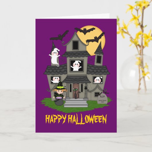 ハロウィンのかわいいお化け屋敷および小さい魔法使い カード (黄色い花)