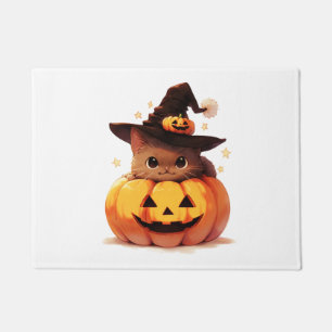 ハロウィンのかわいいかわいい猫と帽子とカボチャ ドアマット
