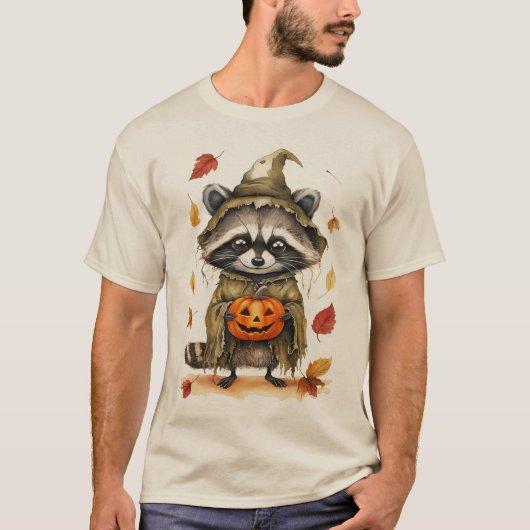 ハロウィンのかわいいアライグマとカボチャのTシャツ Tシャツ (正面)