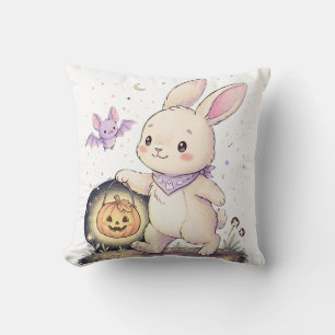 ハロウィンのかわいいウサギとカボチャランタン、コウモリ クッション