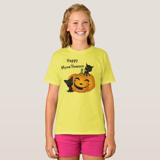 ハロウィンのかわいいキットンカボチャのシャツ Tシャツ (正面フル)
