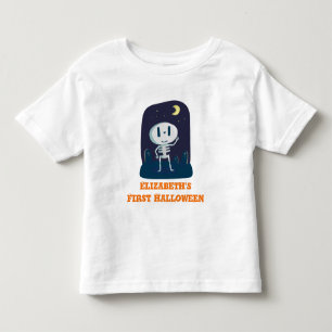 ハロウィンのかわいいスケルトン漫画パーソナライズされた第1弾 トドラーTシャツ
