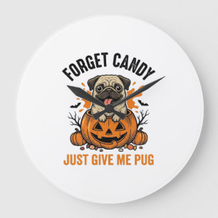 ハロウィンのかわいいパグがお菓子を忘れるTシャツデザイン_1 ラージ壁時計
