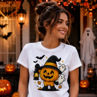 ハロウィンのかわいいパンプキン魔女の女性用シャツ トライブレンドTシャツ