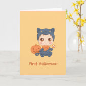 ハロウィンのかわいいベビー黒猫のコスチューム カード (黄色い花)