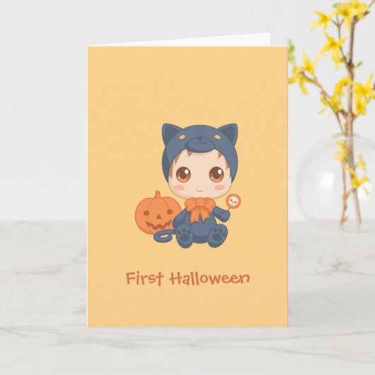 ハロウィンのかわいいベビー黒猫のコスチューム カード (黄色い花)