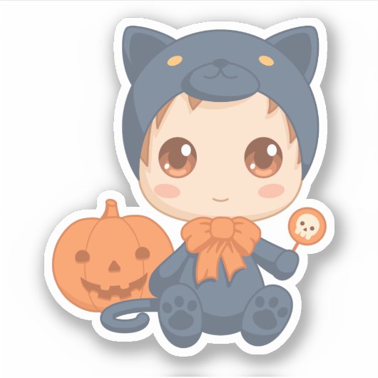 ハロウィンのかわいいベビー黒猫のコスチューム シール (正面)