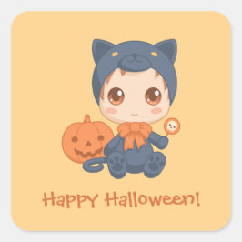 ハロウィンのかわいいベビー黒猫のコスチューム スクエアシール