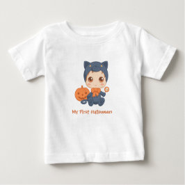 ハロウィンのかわいいベビー黒猫のコスチューム ベビーTシャツ