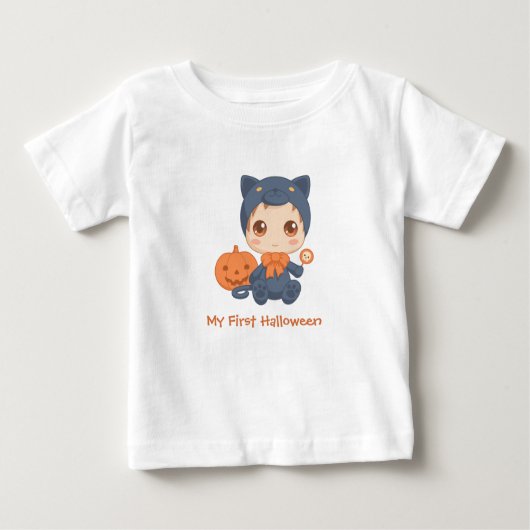 ハロウィンのかわいいベビー黒猫のコスチューム ベビーTシャツ (正面)