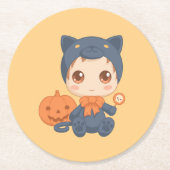 ハロウィンのかわいいベビー黒猫のコスチューム ラウンドペーパーコースター (正面)