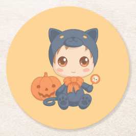 ハロウィンのかわいいベビー黒猫のコスチューム ラウンドペーパーコースター