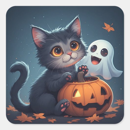 ハロウィンのかわいい子猫とおばけとカボチャ 🎃 スクエアシール (正面)