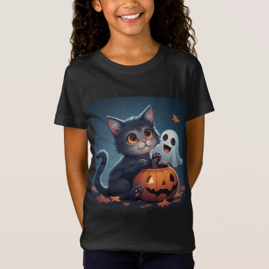 ハロウィンのかわいい子猫とおばけとカボチャ 🎃 Tシャツ (正面)
