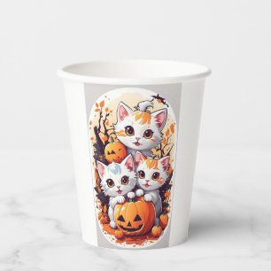 ハロウィンのかわいい子猫とカボチャのカード - 3匹の猫 紙コップ