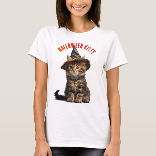 ハロウィンのかわいい子猫と魔女の帽子 Tシャツ (正面)