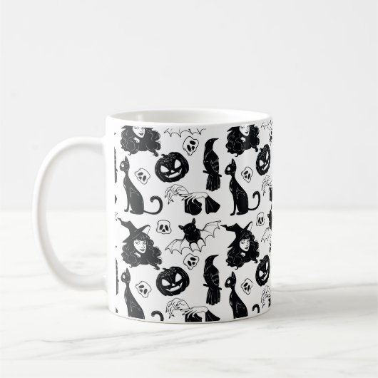 ハロウィンのかわいい手描きの継ぎ目のない模様 コーヒーマグカップ (左)