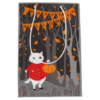 ハロウィンのかわいい猫とはさくらのカボチャ ミディアムペーパーバッグ