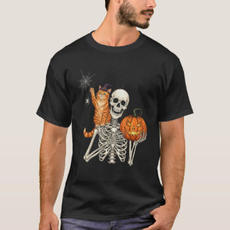 ハロウィンのかわいい猫のスケルトンのかぼちゃのネコ好き男性 Tシャツ