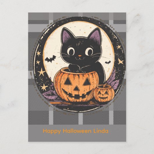 ハロウィンのかわいい猫の秋カード シーズンポストカード (正面)
